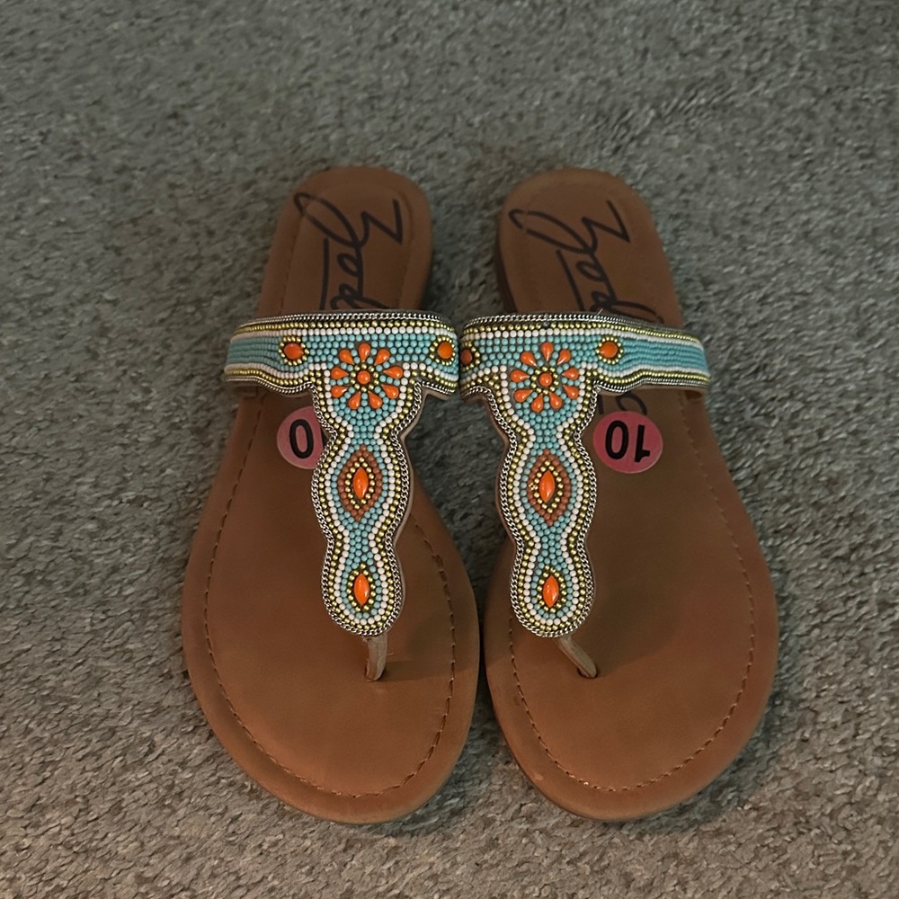 Zodiac Beaded Sandals in Tan and Turquoise